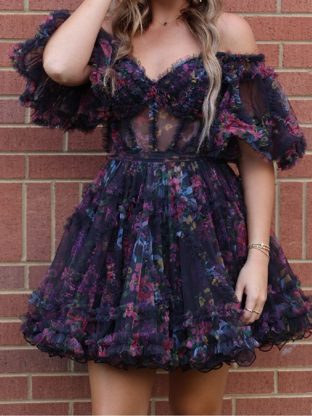 Sherri Hill Black Floral Ruffle Chiffon Dress - Picture 6 of 6